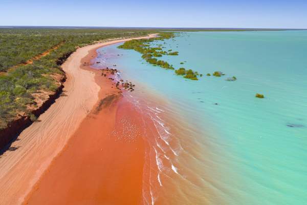 Aerial view of Roebuck Bay Broome showing the turquoise waters and pindan red stained sands, with a flock of birds resting on the beach