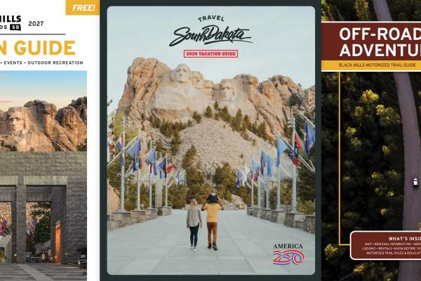 The covers for the Black Hills & Badlands Vacation Guide, South Dakota Vacation Guide, and Off-Road Adventures Guide