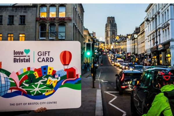 Love Bristol Gift Card with Christmas lights on Psrk Street in Bristol - credit Bristol City Centre BID