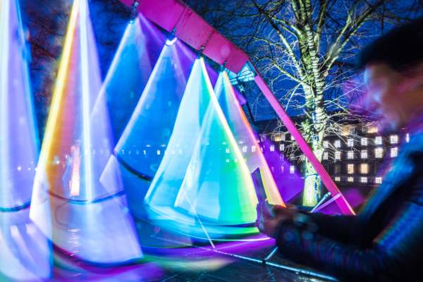The 'Swing Song' installation in Queen Square during the Bristol Light Festival - credit Andre Pattenden