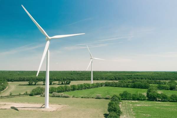 Wind turbines in fields