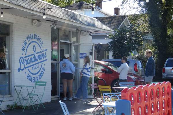Line of People Waiting at Brandwein's Bagels Shop