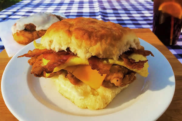 Bacon, egg, chicken biscuit named Bad Grampa from Sunrise Biscuit Kitchen