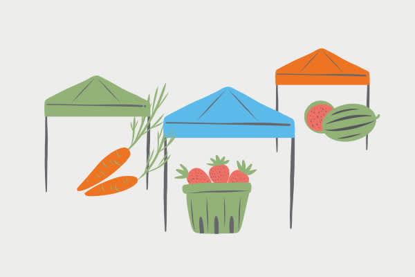 Graphic showing produce under tents at a market