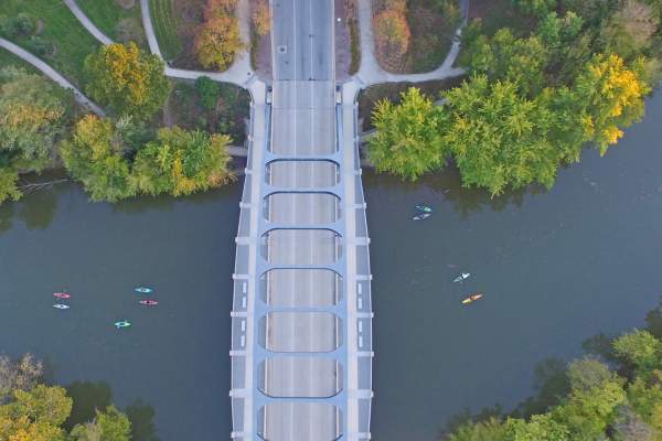 Kayaks along the St Marys River at the MLK Bridge near Headwaters Park