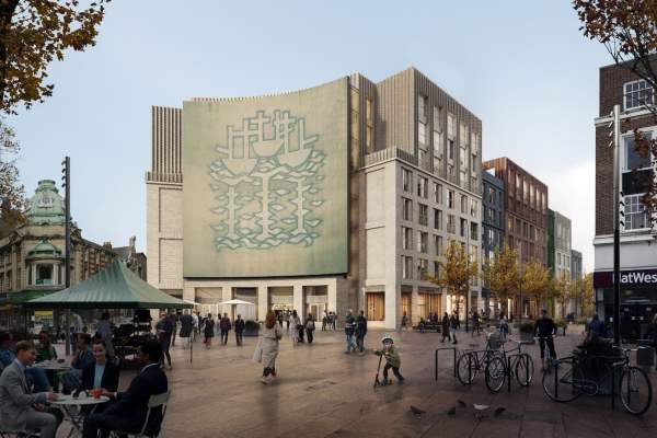 Artists interpretation of the proposed regeneration of Albion Square. It is a modern mixed-use development with a large "Three Ships" mural, pedestrian-friendly public space, cafés, cyclists, and people gathering in the urban square.