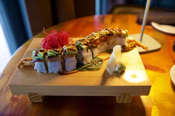 The Black Dragon Roll at Chuck's Fish placed on a board