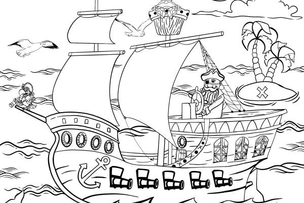 Blank coloring sheet featuring a pirate ship scene with mermaids, pirates, a sea monster, and more. At the top of the ship is a sea turtle.