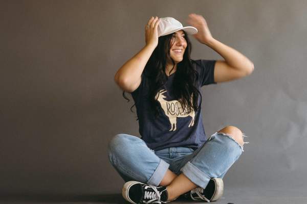woman wearing roseburg store merchandise
