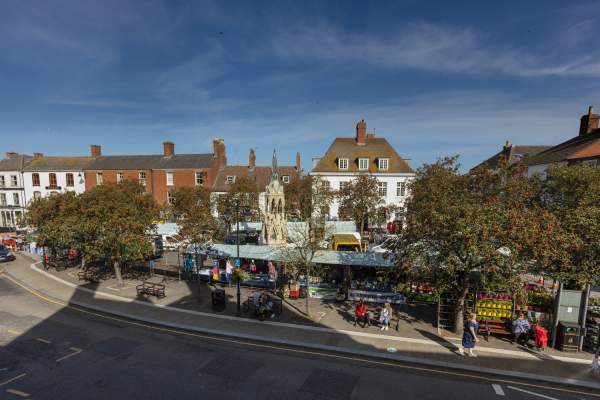 Horcastle market square with market tents from above
