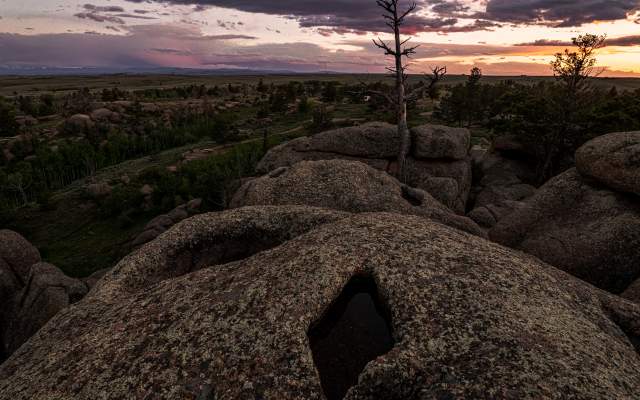 A panoramic view at sunset of the Pole Mountain Recreation area