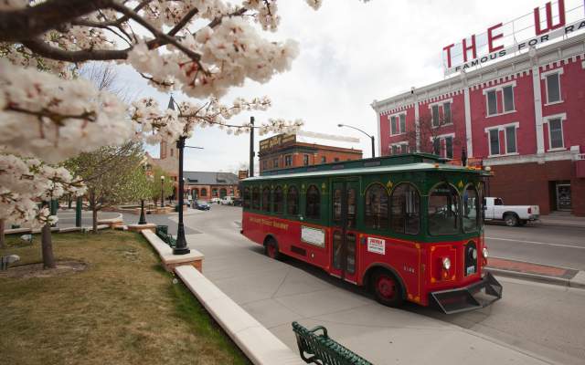 Cheyenne Street Railway Trolley waits for passengers in springtime