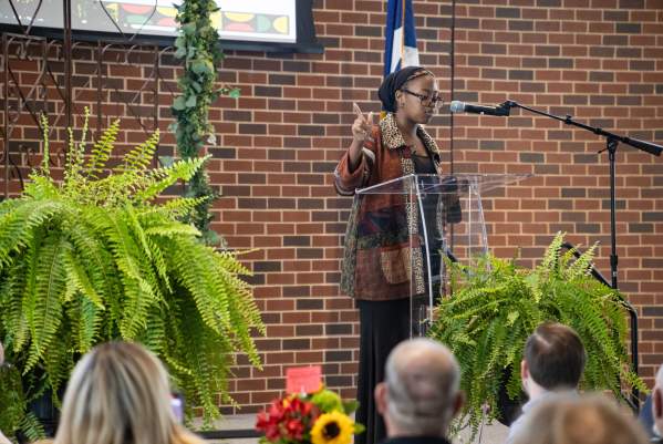 Howard Payne Student doing slam poetry at the Soul Food Luncheon for Juneteenth