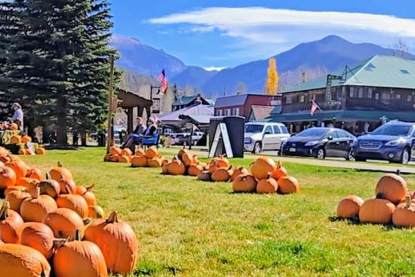 Ghosts & Gourds pumpkin patch with families and children enjoying a sunny day near a wooden building