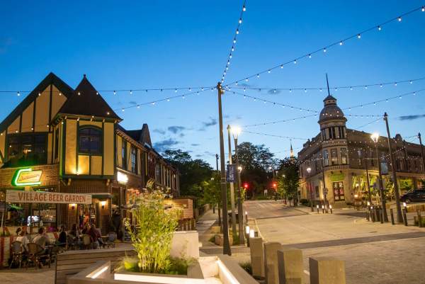 village beer garden at twilight