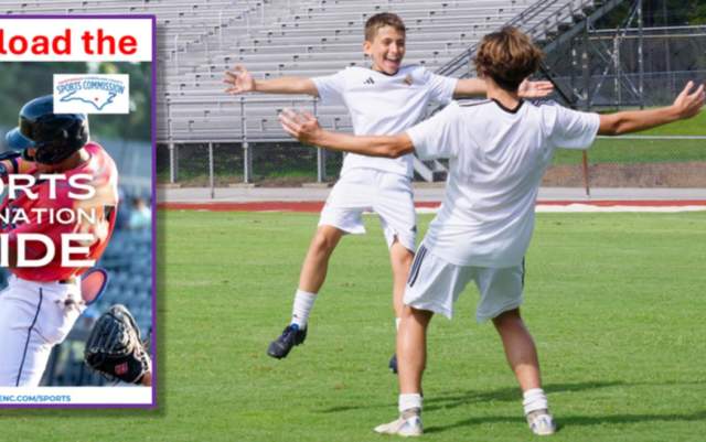 Youth soccer players celebrating a goal on a Fayetteville sports field beside a Sports Destination Guide download banner.