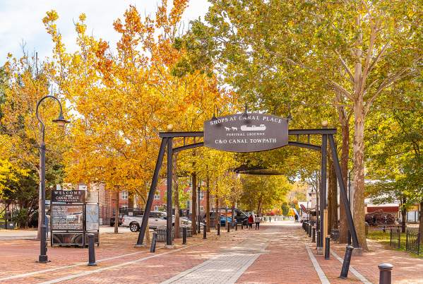 An archway over a stone and bricked path with full trees in fall colors in the background.