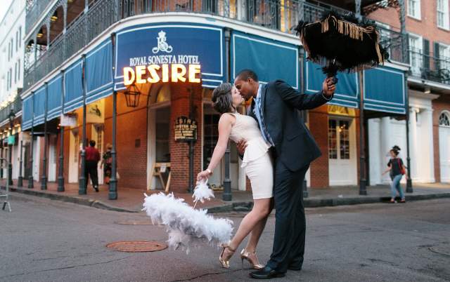 Bride & Groom Kissing in Street