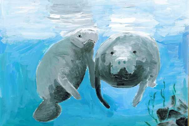 A painting of two manatees