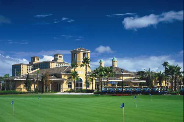 The Club House at the Ritz-Carlton Grande Lakes in Orlando features a relaxing view of the golf course.