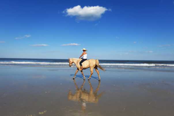Woman horseback riding on Amelia Island beach.