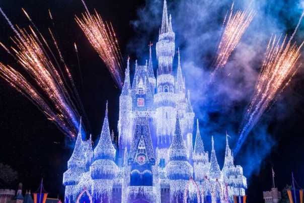 The Cinderella Castle at Magic Kingdom Park at Walt Disney World Resort lights up with fireworks.