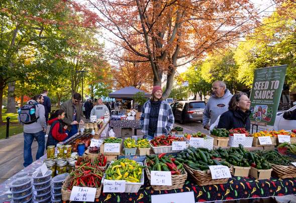 Fall scene at the Dane County Farmers' Market and pepper vendors