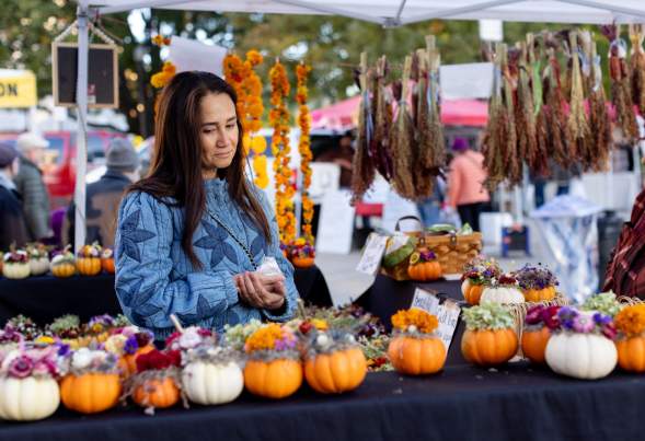 A woman looks at a table of flower arrangements made inside of small pumpkins at the Dane County Farmers' Market