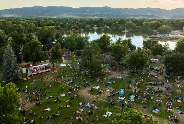 Aerial drone shot of 4th of July concert at City Park
