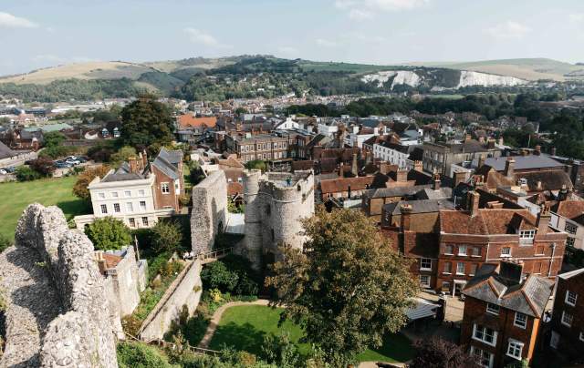 Aerial shot of Lewes with castle and grounds in view