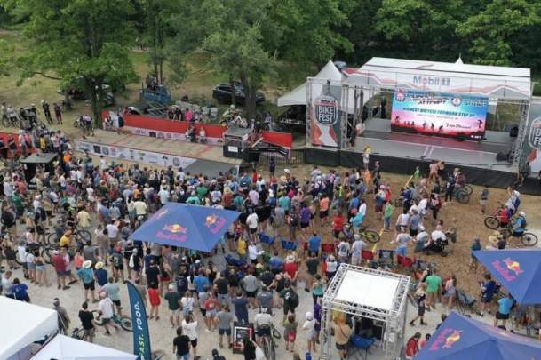 An aerial view of a crowd at a festival
