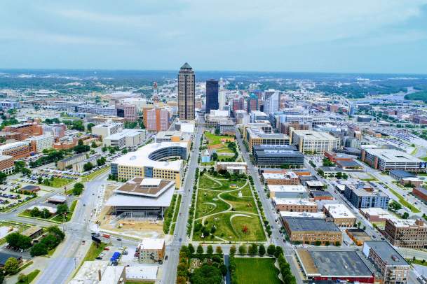 Aerial view of Downtown Des Moines Buildings and Sculpture Park