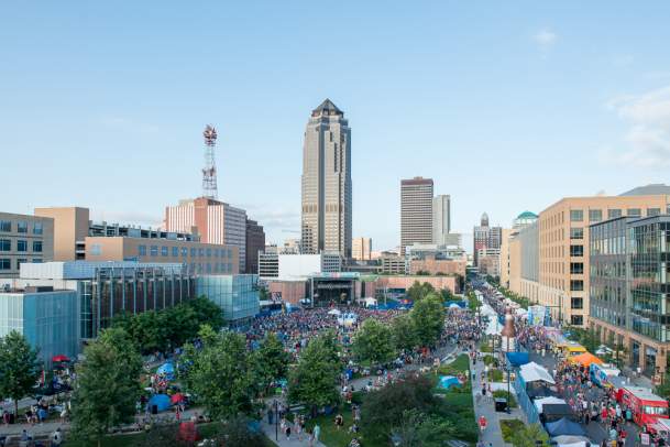Aerial view of Downtown Des Moines during a festival