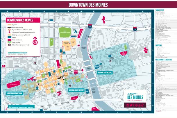 Downtown Des Moines map of skywalks, hotels, parking & attractions