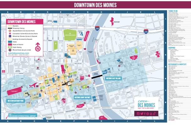 Downtown Des Moines map of skywalks, hotels, parking & attractions