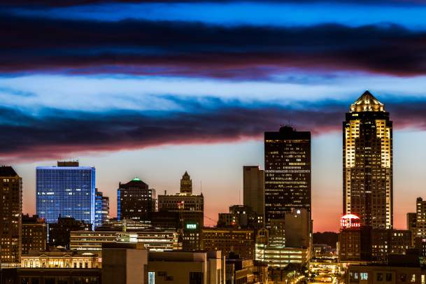 Downtown Des Moines Skyline at night