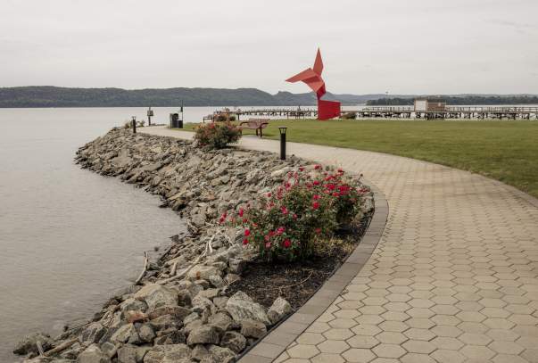 The Riverwalk winding along next to the Hudson River.