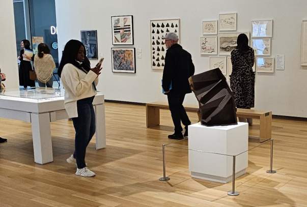 A woman takes a photo of a piece of artwork while other visitors stroll the exhibit.