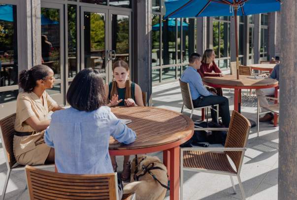 Three women sit together outside chatting at a table. A guide dog is sleeping at the feet of one of the women.