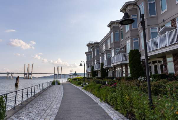 The RiverWalk pathway stretching along the shores of the Hudson River.