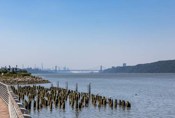 The Yonkers waterfront looking toward the Manhattan skyline.