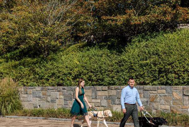 Two people walk outdoors with guide dogs.