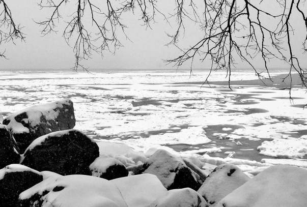 Winter view of the Hudson River, black and white. Photo Credit: Ferg.