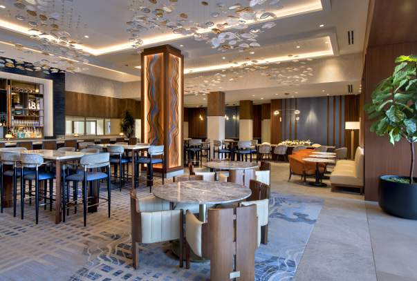 The seating at the lobby restaurant of the Westchester Marriott.