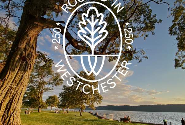Rooted in Westchester Logo over scenic view of Croton Park