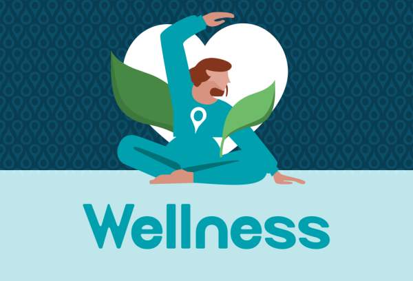 Illustration of people exercising with "wellness" text across the middle