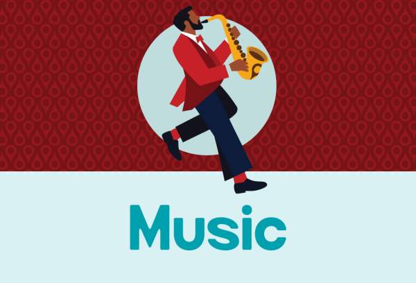 Illustration of people playing music with "music" text across the middle