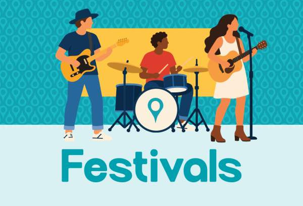 Illustration of people enjoying a festival with "festivals" text across the middle
