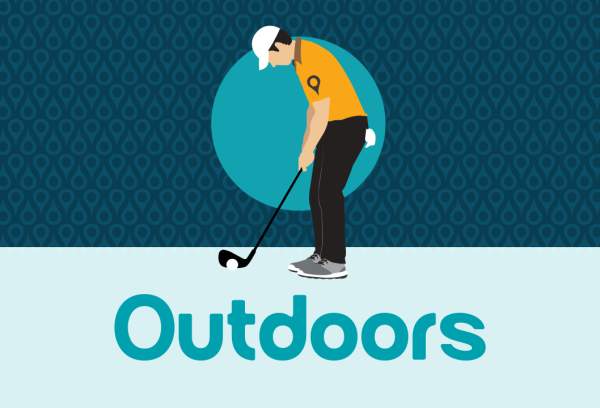Illustration of people playing sports and other outdoor activities with "outdoors" text across the middle