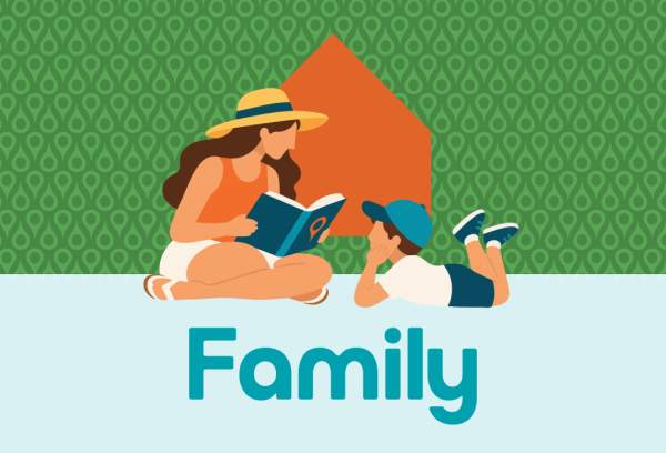Illustration of people spending time with family and "family" text written across the middle